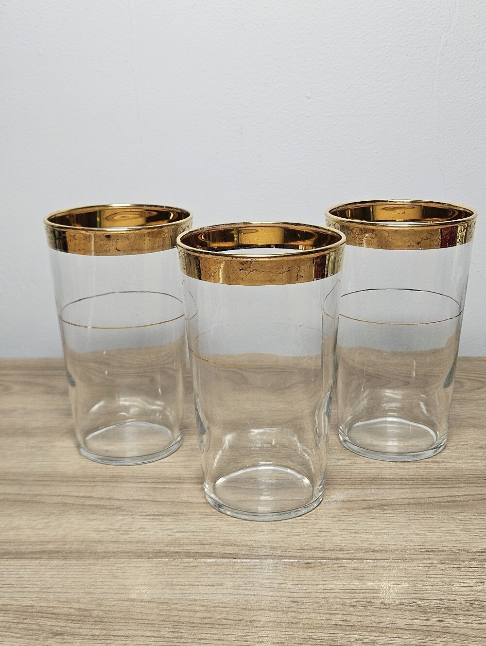 Vintage Gold Rim Glass Tumblers Set of 3 Mid Century Barware 4.5"